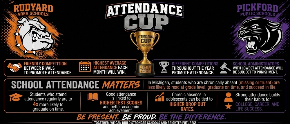 Attendance Cup 2026–2027: Rudyard Area Schools vs. Pickford Public Schools." Features a gold trophy flanked by the Rudyard Bulldogs and Pickford Panthers logos, outlines competition details, highlights key attendance statistics, and displays the slogan "Be Present. Be Proud. Be The Difference.