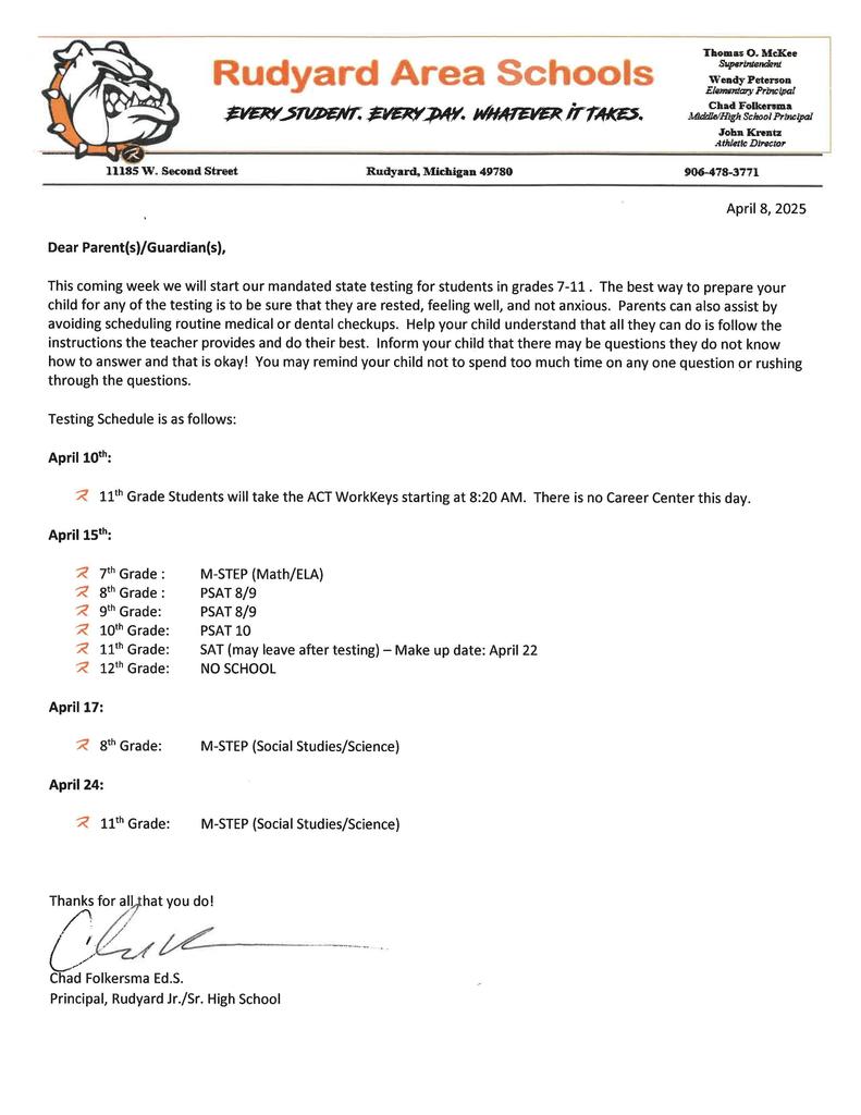 Testing Schedule