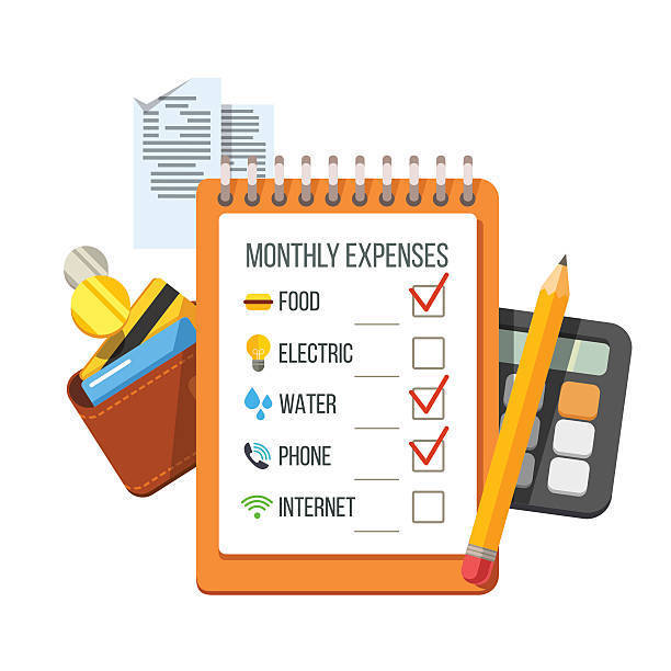 Budget Clipart includes list of monthly expenses, wallet, pencil, and calculator.