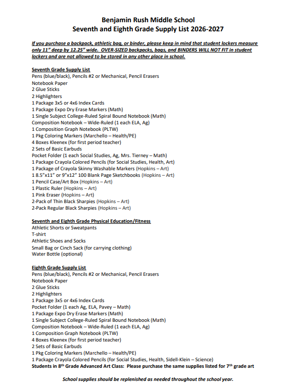 BRMS Supply List