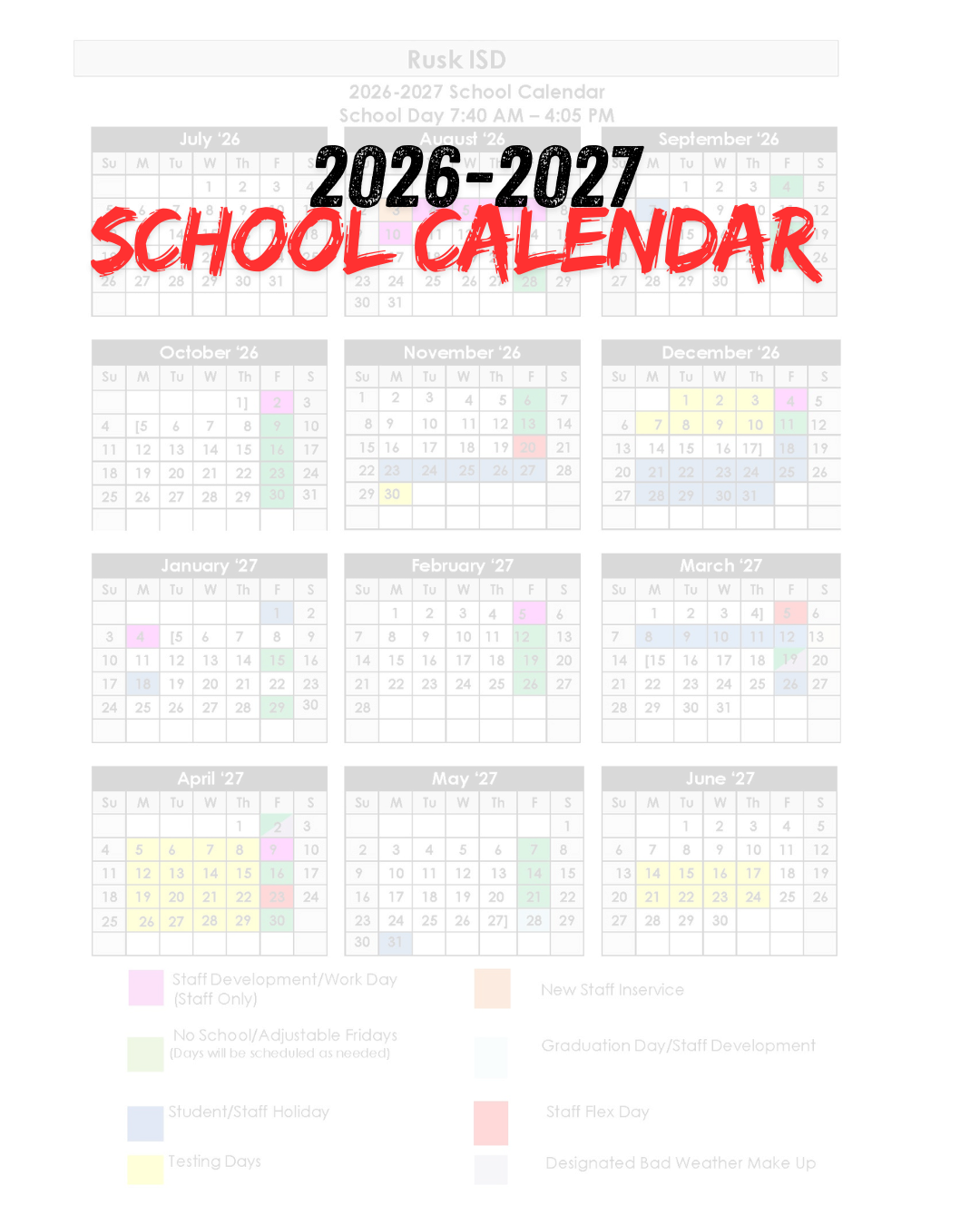 2026-2027 School Calendar | G.W. Bradford Primary School