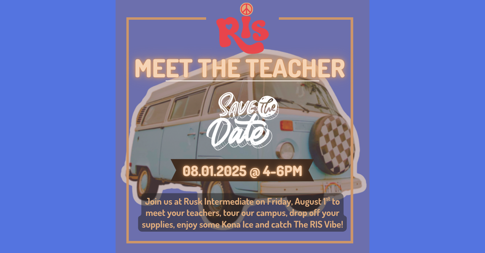 Save the date 08.01.2025 @ 4-6pm Meet the teacher at ris. Blue background with a retro VW bus