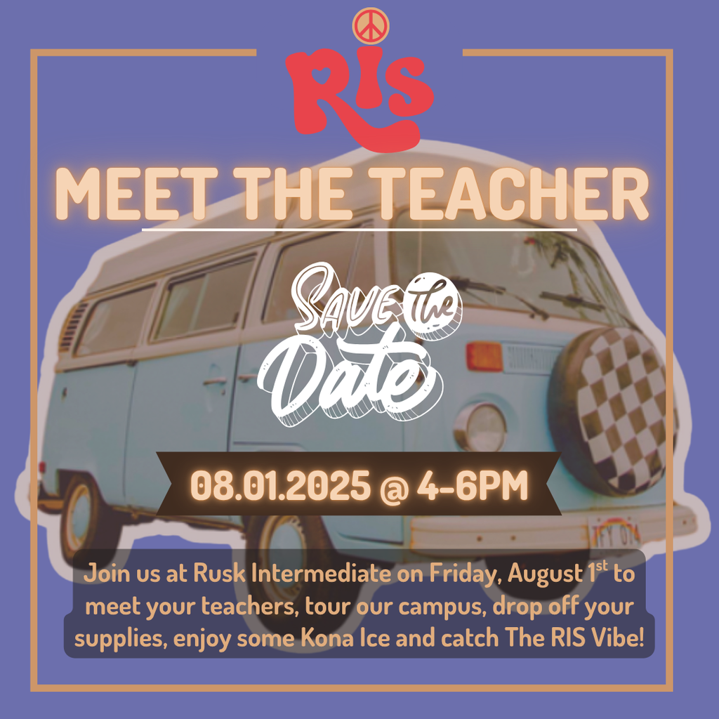 Save the date 08.01.2025 @ 4-6pm Meet the teacher at ris. Blue background with a retro VW bus