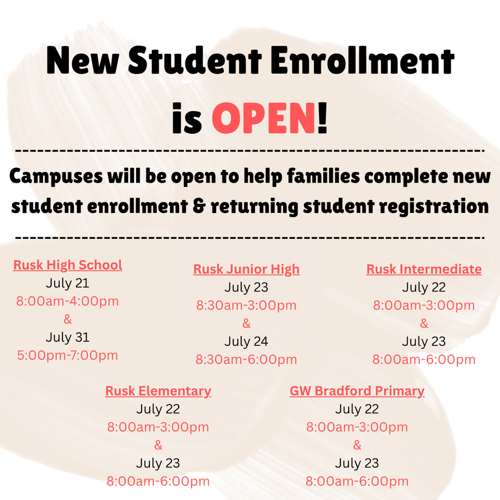 New student enrollment is open. Campuses will be open to help families complete new student enrollment and returning student registration.