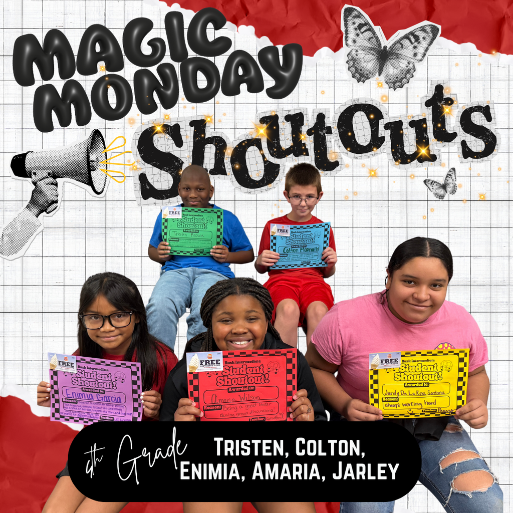 Magic Monday Shout out photo of Tristen, Colton, Enimia, Amaria, and jarley holding their shoutouts