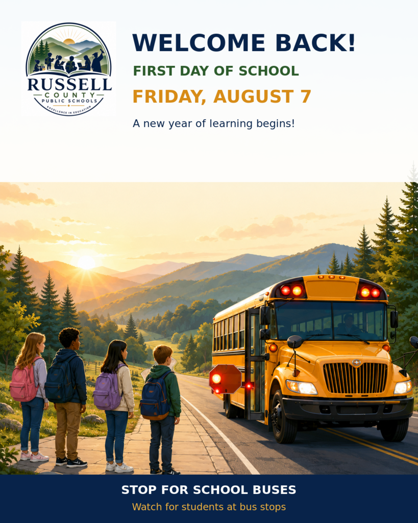 School bus stopped to pick up four students. Welcome message at the top to welcome students back to a new school year. 