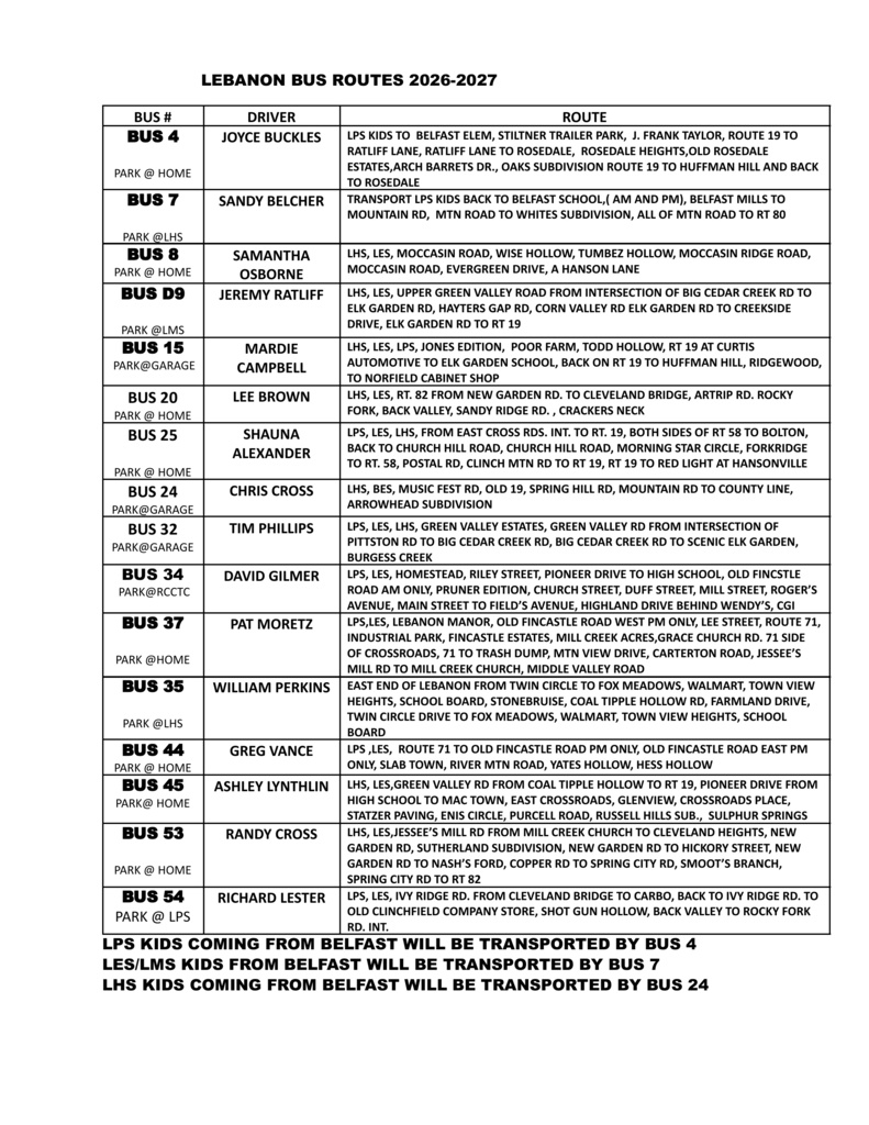 Lebanon area bus routes by bus number including driver name and locations the bus runs.