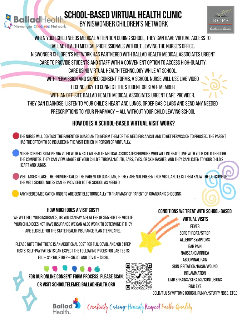 Flyer for School-Based Virtual Health Clinic - Guidelines listed on flyer that are in the body of the post.