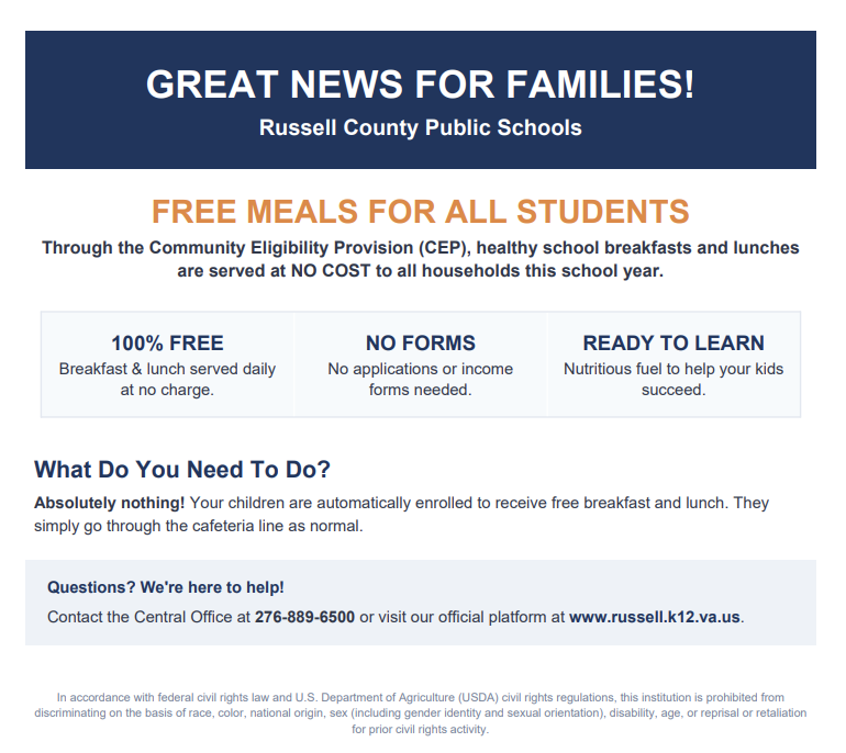 Announcement of Free Meals for ALL Students for the 2026-2027 School Year.