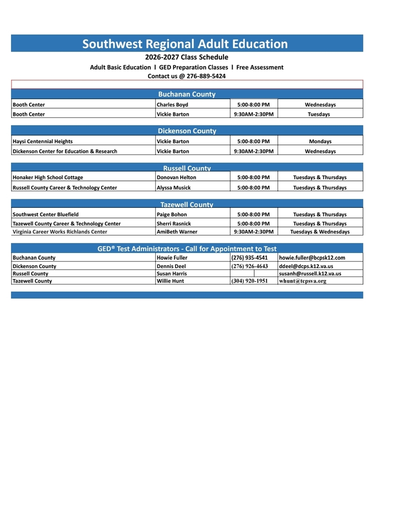 Adult Education Class Schedule