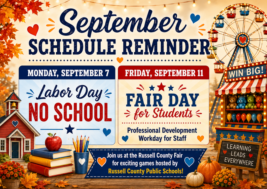 Includes the information in the text part of the post about Labor Day and Fair Day. Image includes depictions of a fair and a school with fall colors.