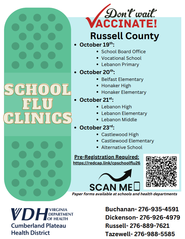 School Flu Clinics - Dates and Locations - also listed in body of post.