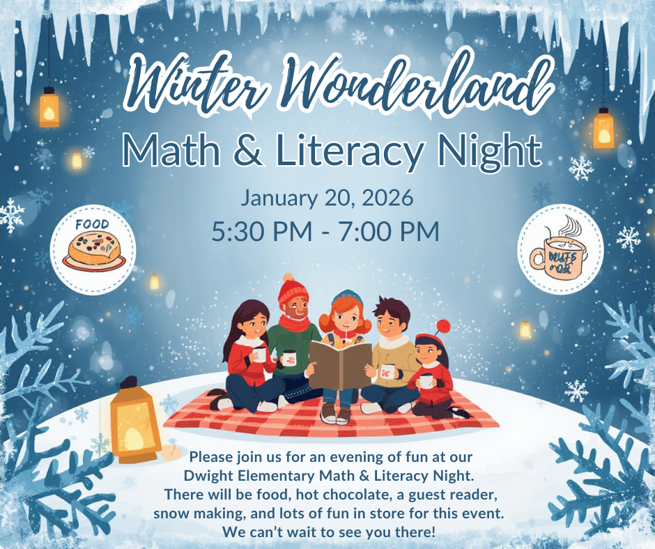 Family sitting on a blanket reading a book with winter snowflakes background