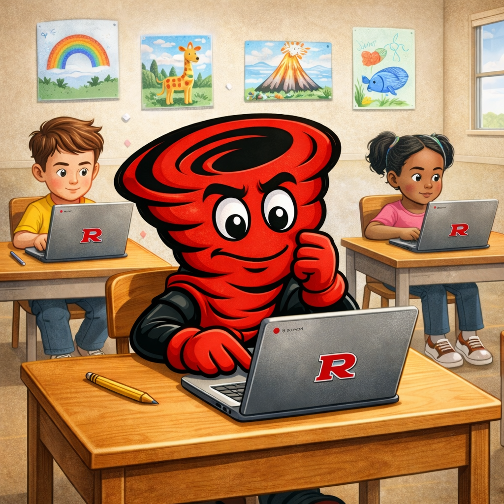 Lil Cyclone Mascot taking a test 