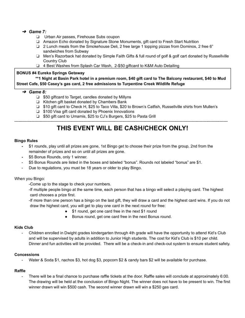 Bingo Prizes and Rules