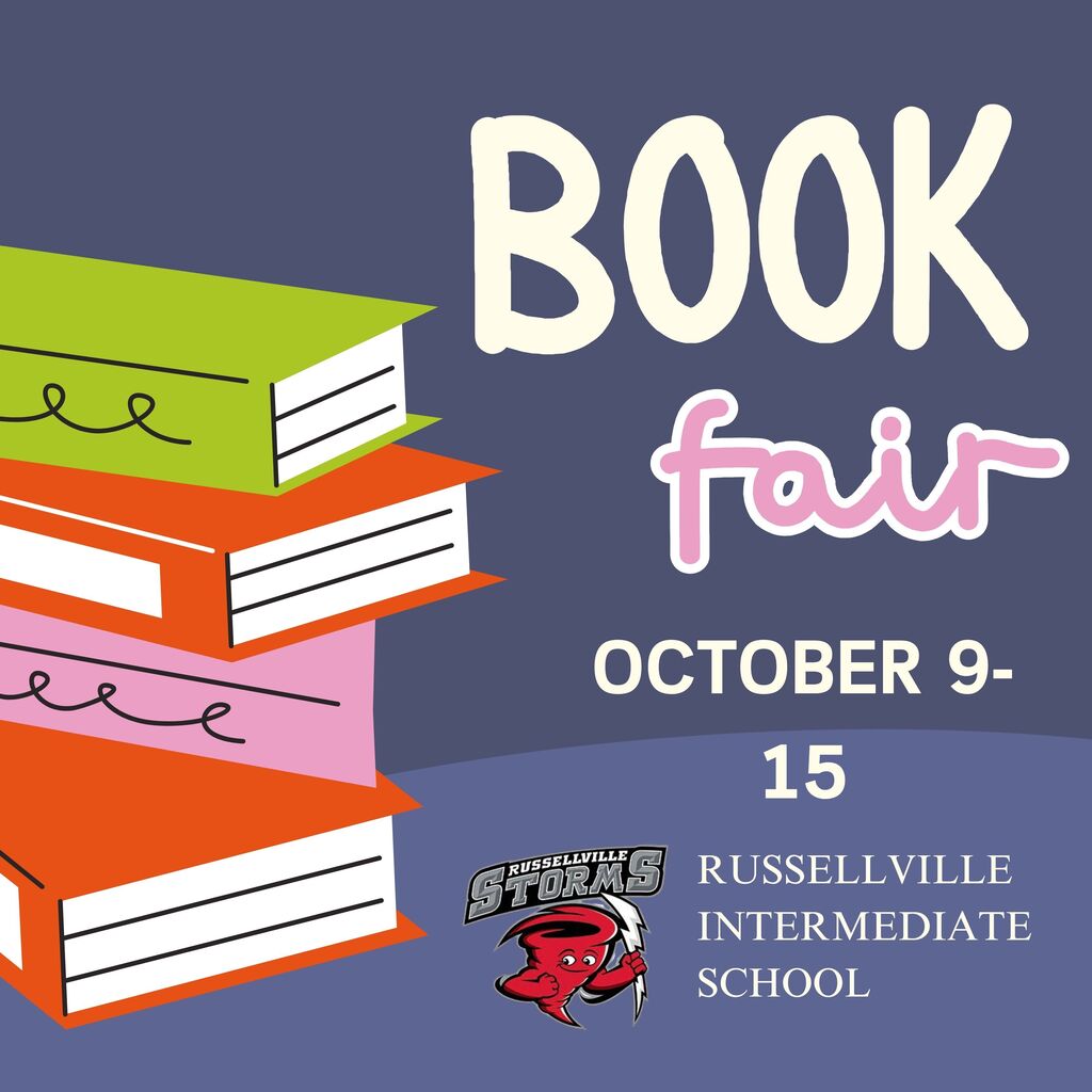 Book fair graphic with school logo and a stack of books. All info in the caption