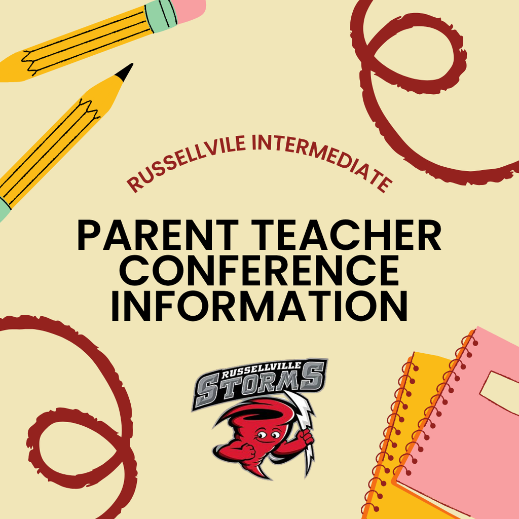 RIS parent teacher conference information graphic. School supplies, spirals, and RIS logo