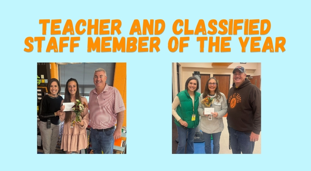 Teacher and Classified Staff Member of the Year, pictures of Mrs. Pulk and Ms. Amy Jo with Mrs. Penny and Dr. Dodd