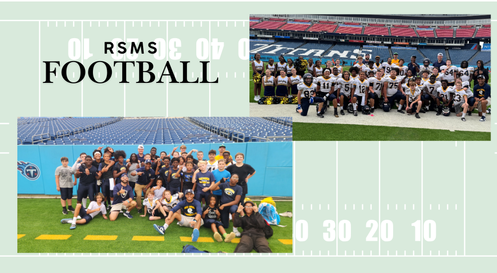 Two pictures of the RSMS football team at Nissan Stadium