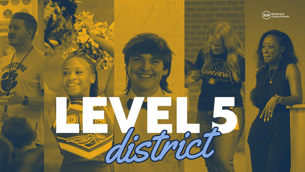 Happy teachers, students and principals from various schools with Level 5 district text