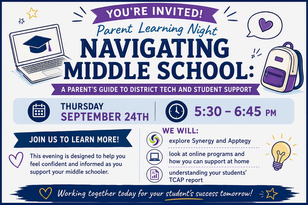 Flyer for our Parent Night on Sep 24: Navigating Middle School. The event wil be in the RSMS library and auditorium from 5:30 - 6:40 pm.