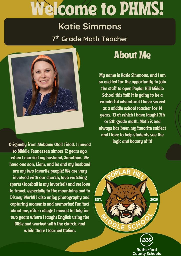 Green background displays a teacher's photo, name, and position. Text explains teacher's background, education, and interests.