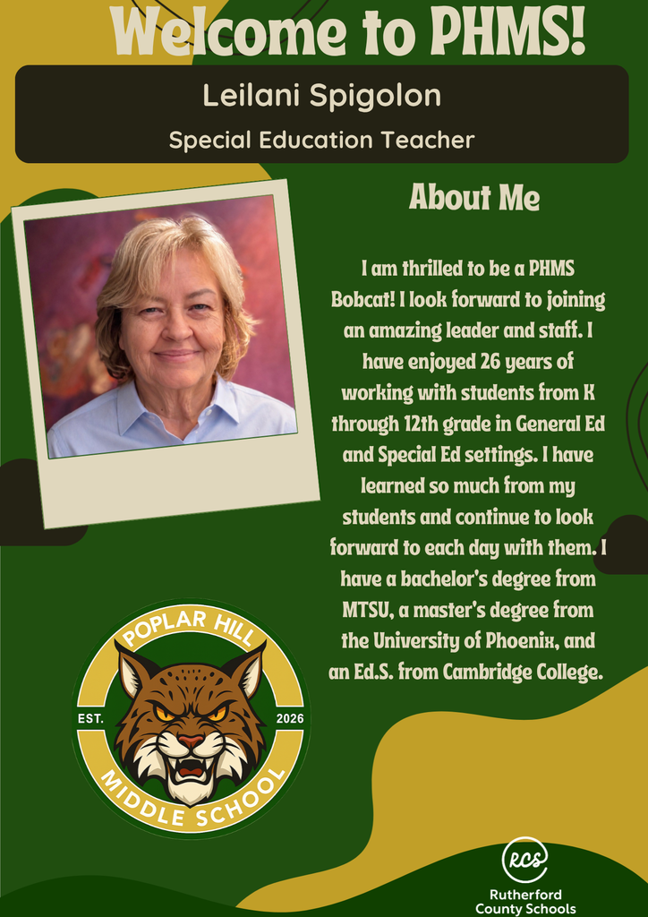 A green and white background with "Welcome to PHMS!" and a picture of Leilani Spicolon. She is a special education teacher.