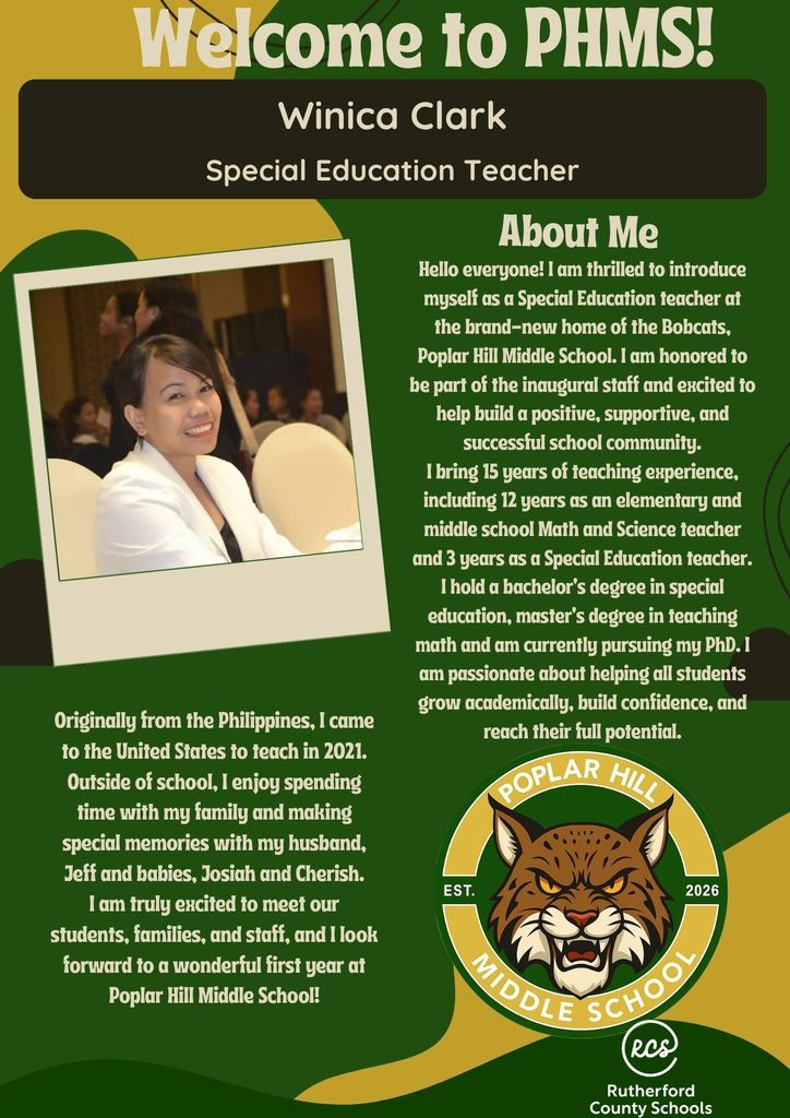 A poster welcomes special education teacher Winica Clark, featuring her photo, bio, and teaching experience. Background has green, black, and yellow elements.