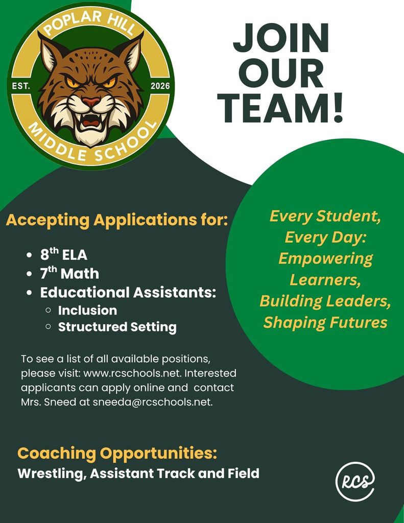 Promotional poster for Poplar Hill Middle School. It features a cat logo, inviting applicants for 8th ELA, 7th Math, and Educational Assistants.