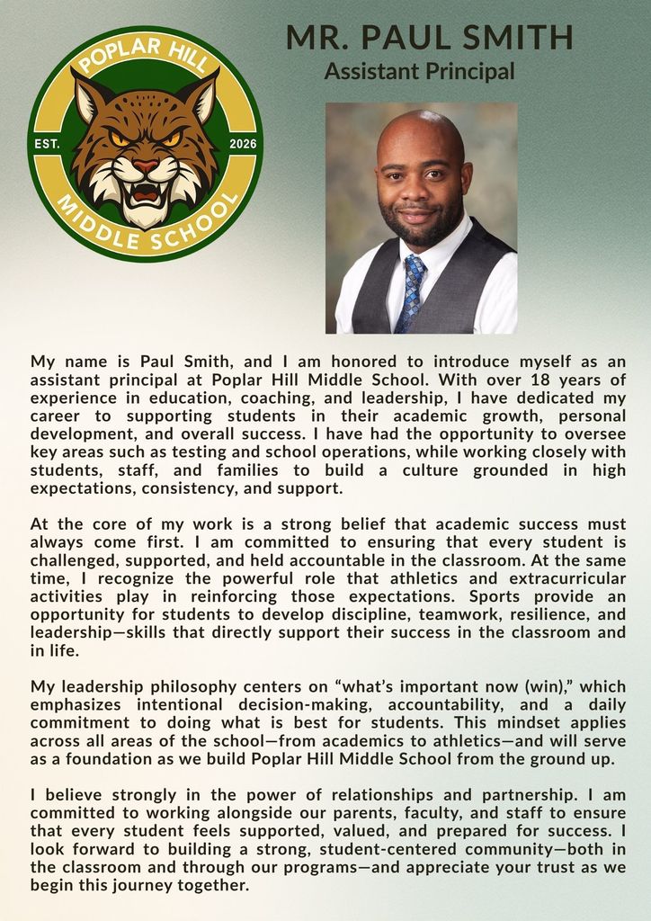 A headshot of an adult male with the text "Mr. Paul Smith, Assistant Principal." The background contains a logo with a fox, the name "Poplar Hill Middle School," and the years "1951" and "2006."