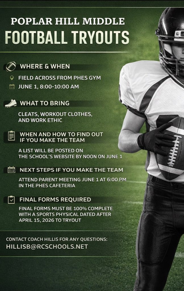 Football player holding a ball on field. Info on football tryouts, including date, location, and what to bring.