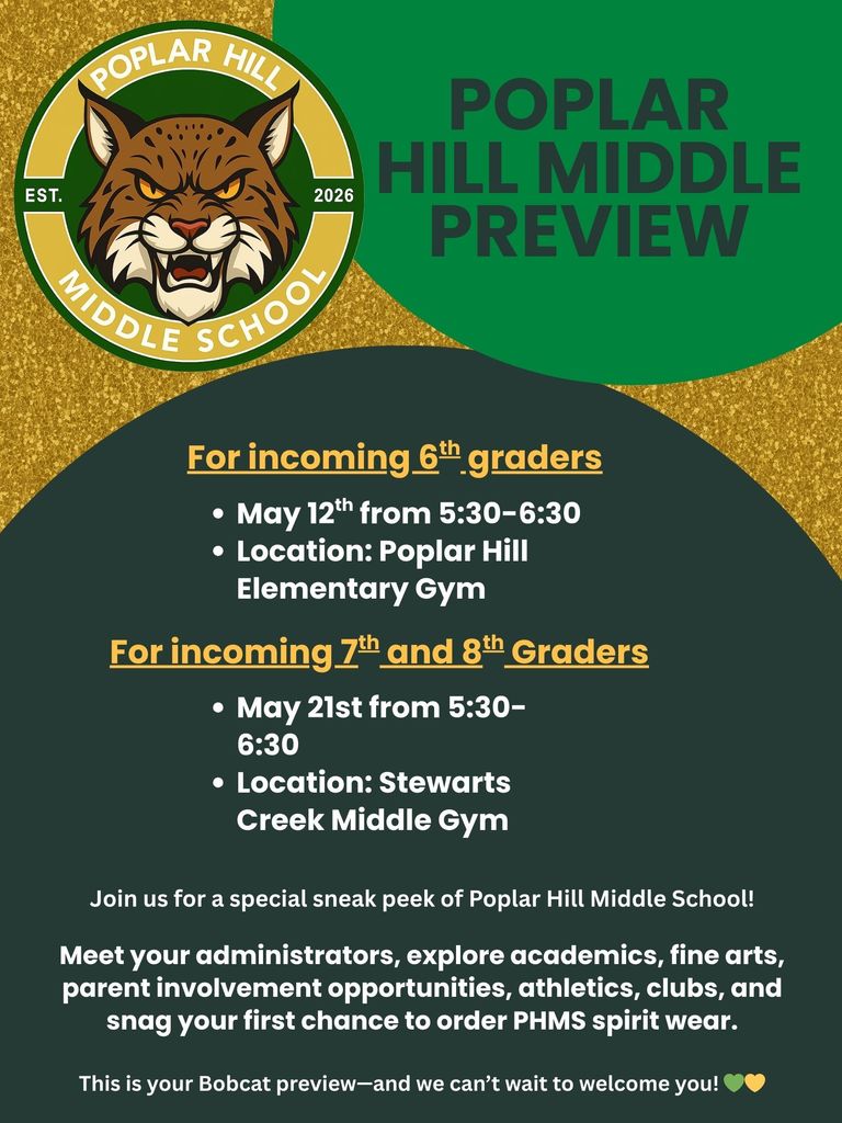 Poster for Poplar Hill Middle School's event with the logo of a cat. Information about the date, time, and location for incoming 6th, 7th, and 8th graders.
