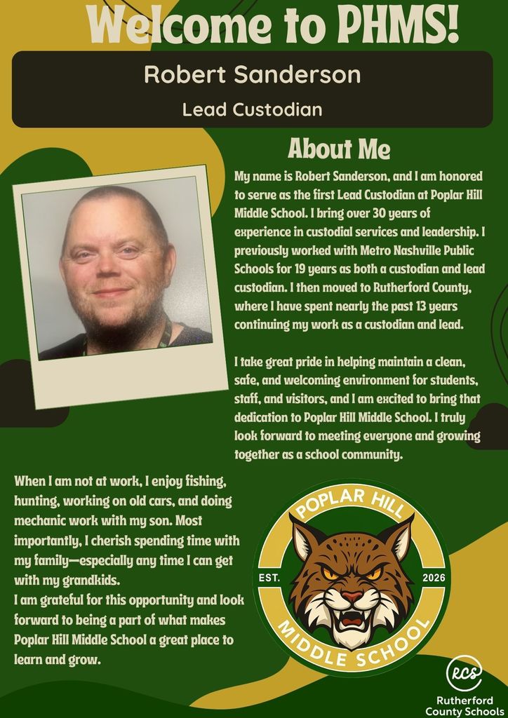 A page displays a photo of Robert Sanderson, the Lead Custodian at Poplar Hill Middle School. The background is green and white.