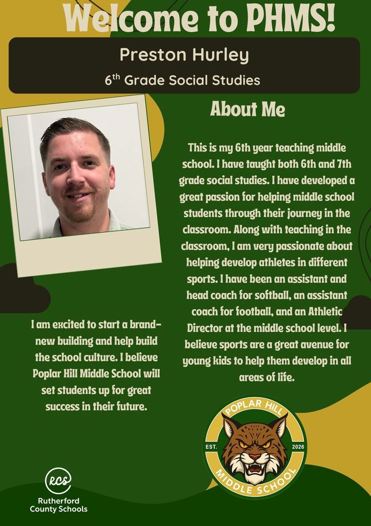 A green and yellow page shows a teacher's photo and text. Title reads "Welcome to PHMS!" and "About Me." Details include teaching 6th and 7th grade social studies.