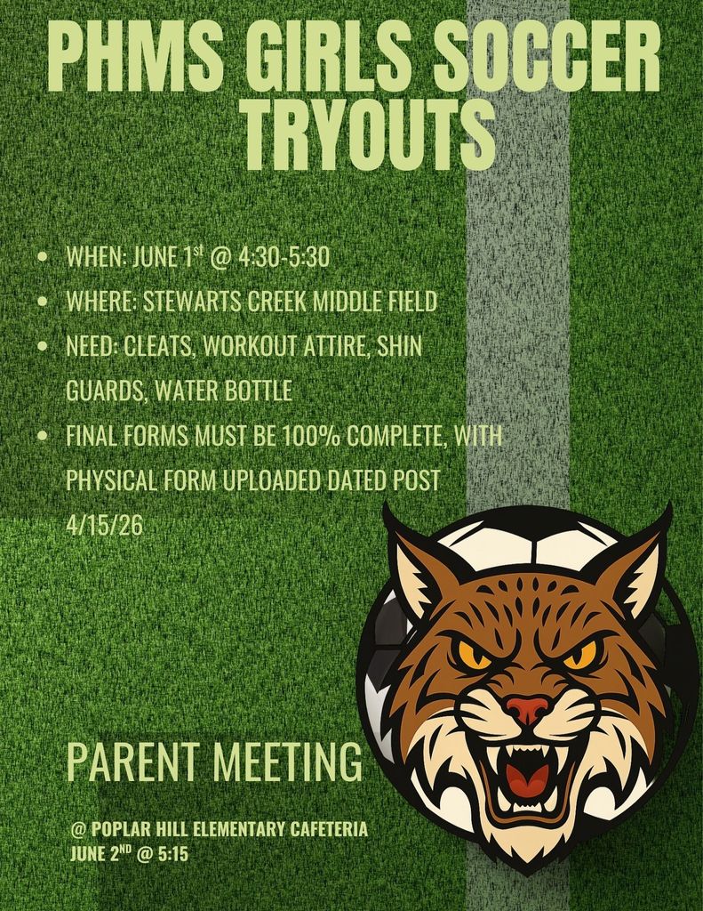 A flyer announces girls soccer tryouts, with details about dates, location, and requirements. A soccer ball and a lynx logo are featured.