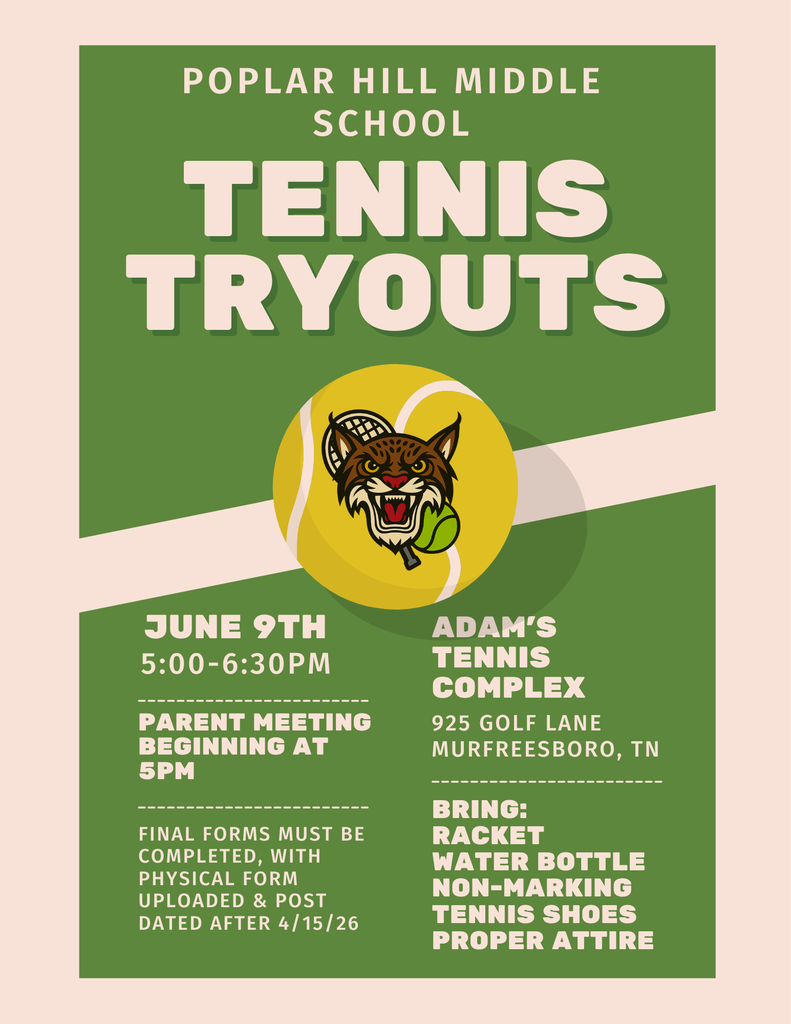 A flyer advertises tennis tryouts for Poplar Hill Middle School. The event occurs on June 9th, 5:00-6:30 PM.