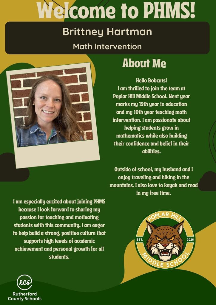 Green and yellow background. A smiling woman with long dark hair. Text reads "Welcome to PHMS! Britney Hartman, Math Intervention."