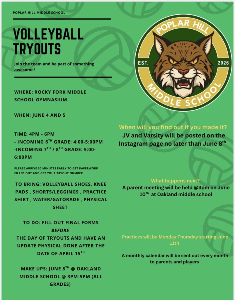 Flyer for Poplar Hill Middle School volleyball tryouts, featuring a cat logo, date, and event details.