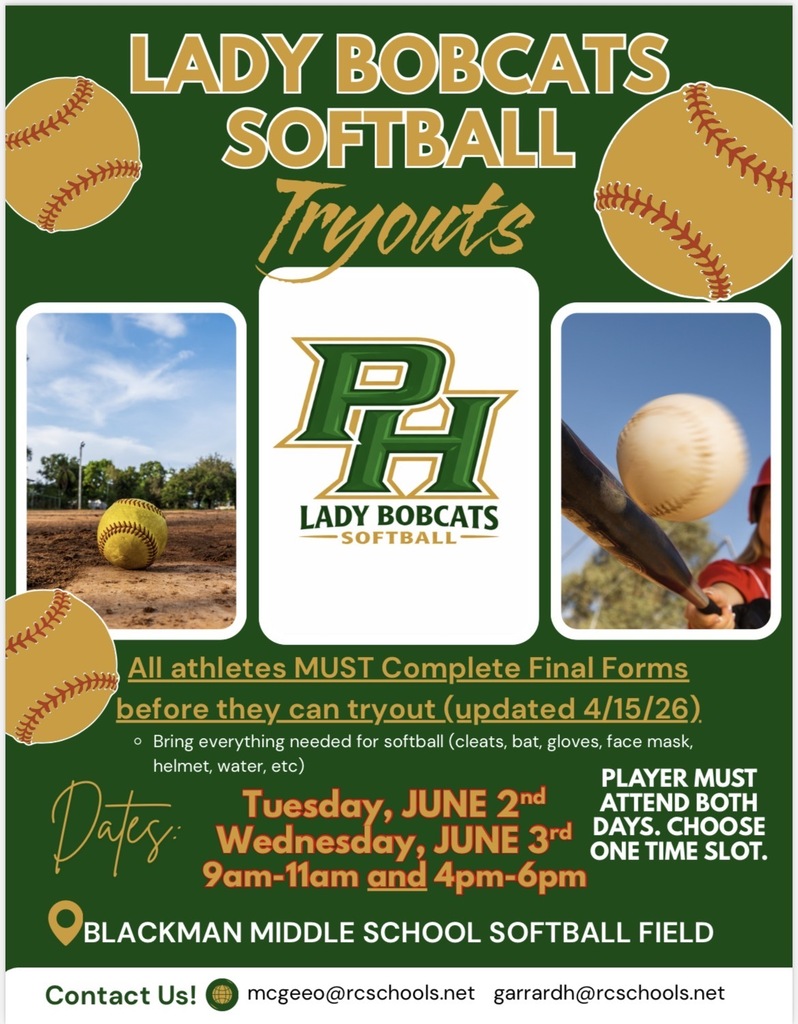 An advertisement poster for Lady Bobcats Softball Tryouts featuring images of softballs, a bat, and a player with text about dates and contact information.
