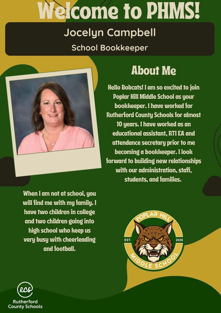 A poster featuring Jocelyn Campbell, a school bookkeeper. It includes a photo of her, a school logo, and text describing her role and background.