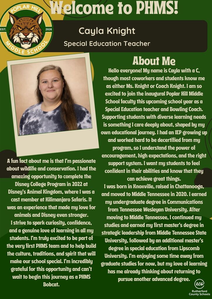 A poster featuring Cayla Knight, a special education teacher. Photo shows a woman, text describes her career and experiences.