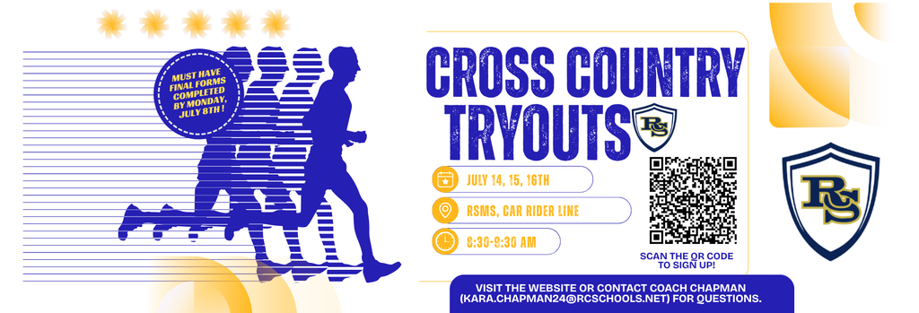 A flyer displays text "CROSS COUNTRY TRYOUTS" with a silhouette of runners. Logos and QR codes are present.