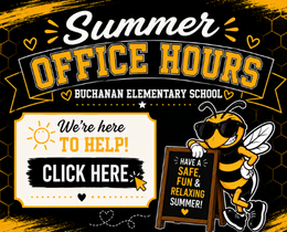A bee mascot wears sunglasses and holds a sign. Text reads "Safe, Fun & Relaxing Summer!" with "Summer Office Hours" and "Click Here" on a black background.