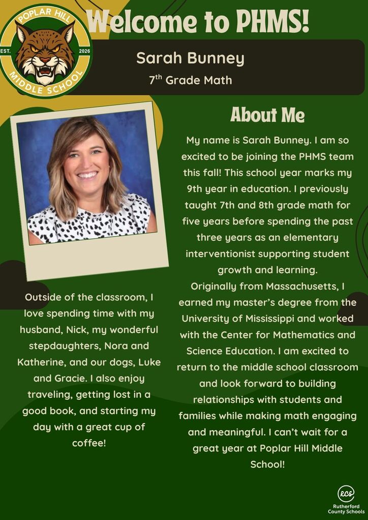 Green background with "Welcome to PHMS!" at top. A photo of Sarah Bunney is on the left. Text below: "About Me" with Sarah's bio.