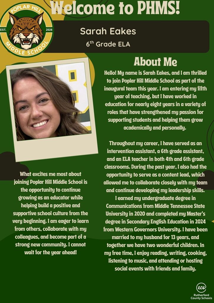 Green poster with white text and border. A smiling woman in the top left corner. "Welcome to PHMS!" and "Sarah Eakes 6th Grade ELA".