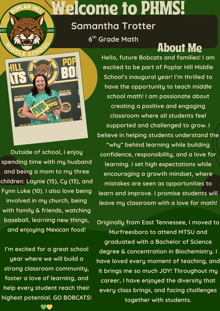 A poster introduces Samantha Trotter, a 6th-grade math teacher at Poplar Hill Middle School. It includes her photo and a short bio.