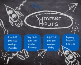 Black chalkboard with white text and illustrations of rockets and paper airplanes. "Summer Hours" is centered with three boxes listing days and times.
