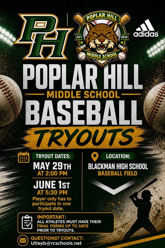 Flyer with black and green background featuring a lion logo, text "Poplar Hill Middle School Baseball Tryouts", and dates "May 29th at 2:00 PM, June 1st at 5:30 PM".