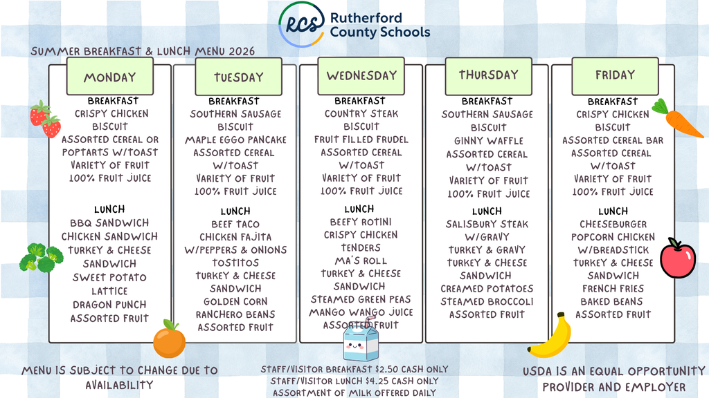 English menu for free summer meals