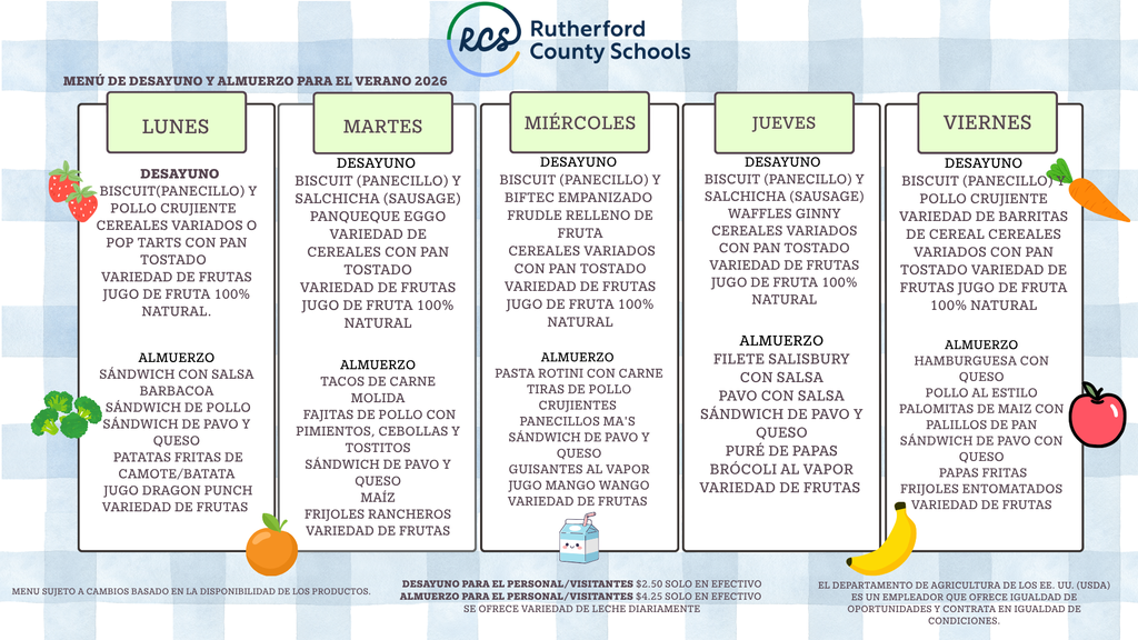 spanish menu for free summer meals